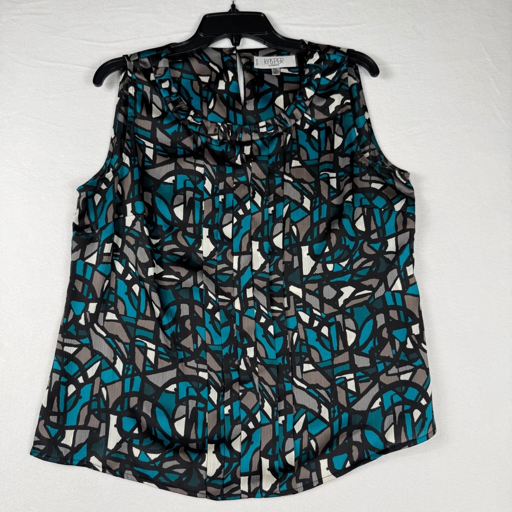 Kasper Abstract Geometric Sleeveless Blouse PXL Teal Grey Career Minimalist Chic